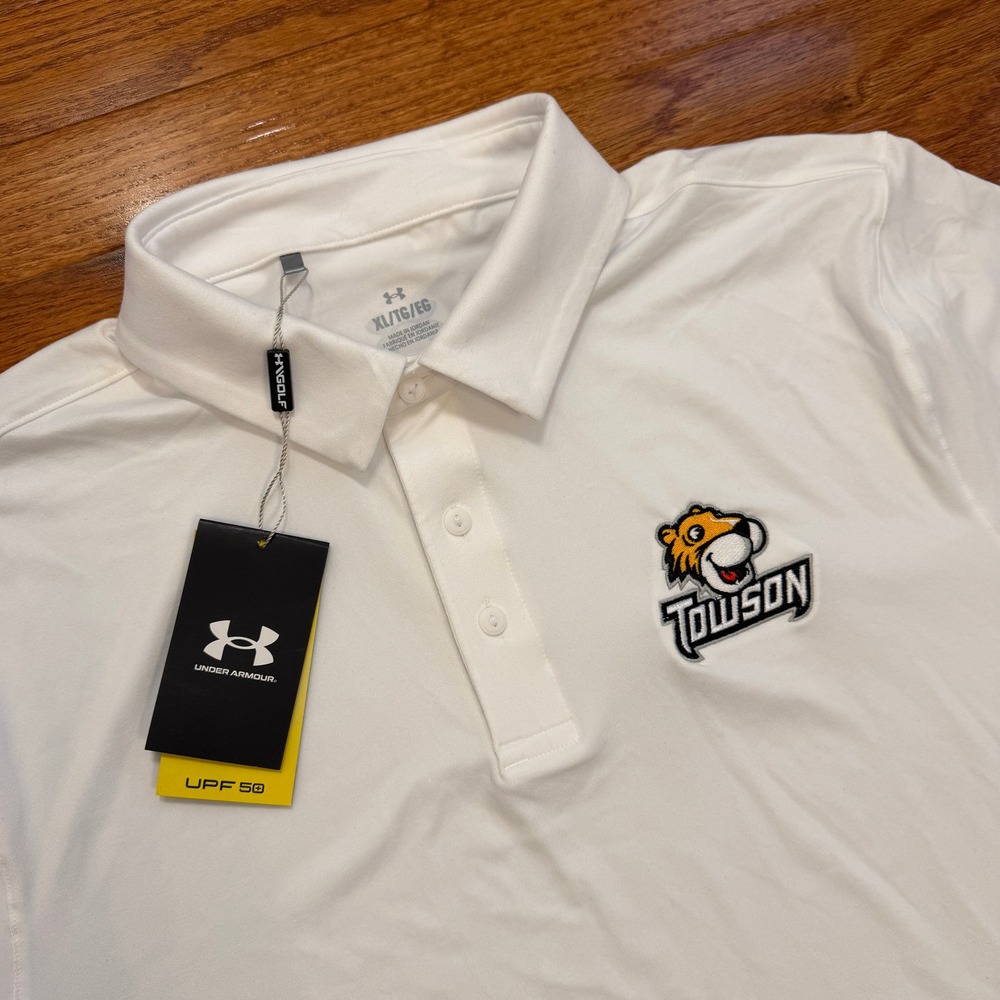 New Under Armour Towson University Tigers Golf Polo Shirt Mens XL White Stretch